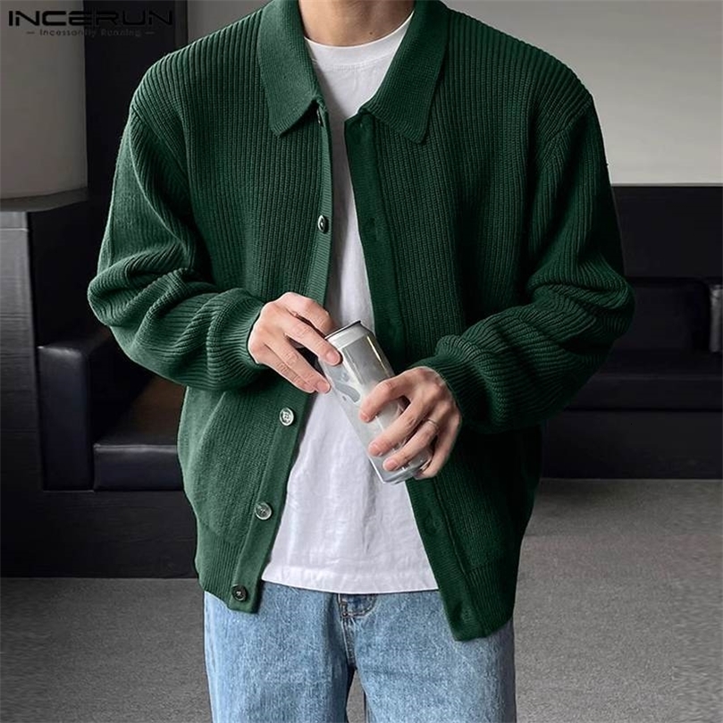 Incerun mens knitted street sweater autumn mens solid long sleeved cardigan wool sweater S-5XL 240822