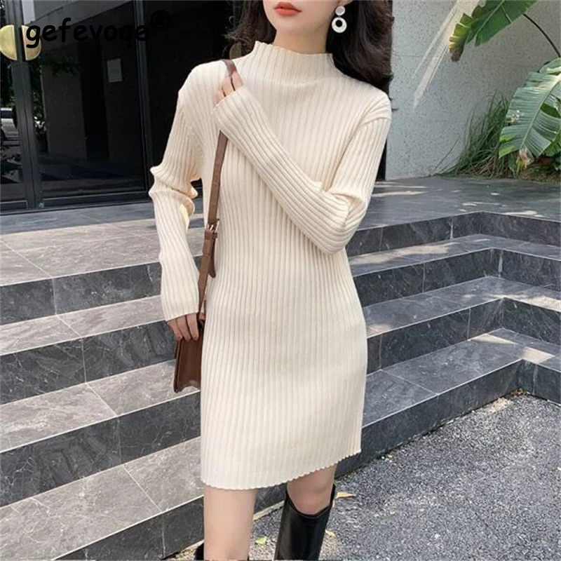 Women Fashion Simple Half High Collar Ribbed Knitted Dresses Autumn Winter Casual Long Sleeve Slim Pullover Basic Midi Dress 240822