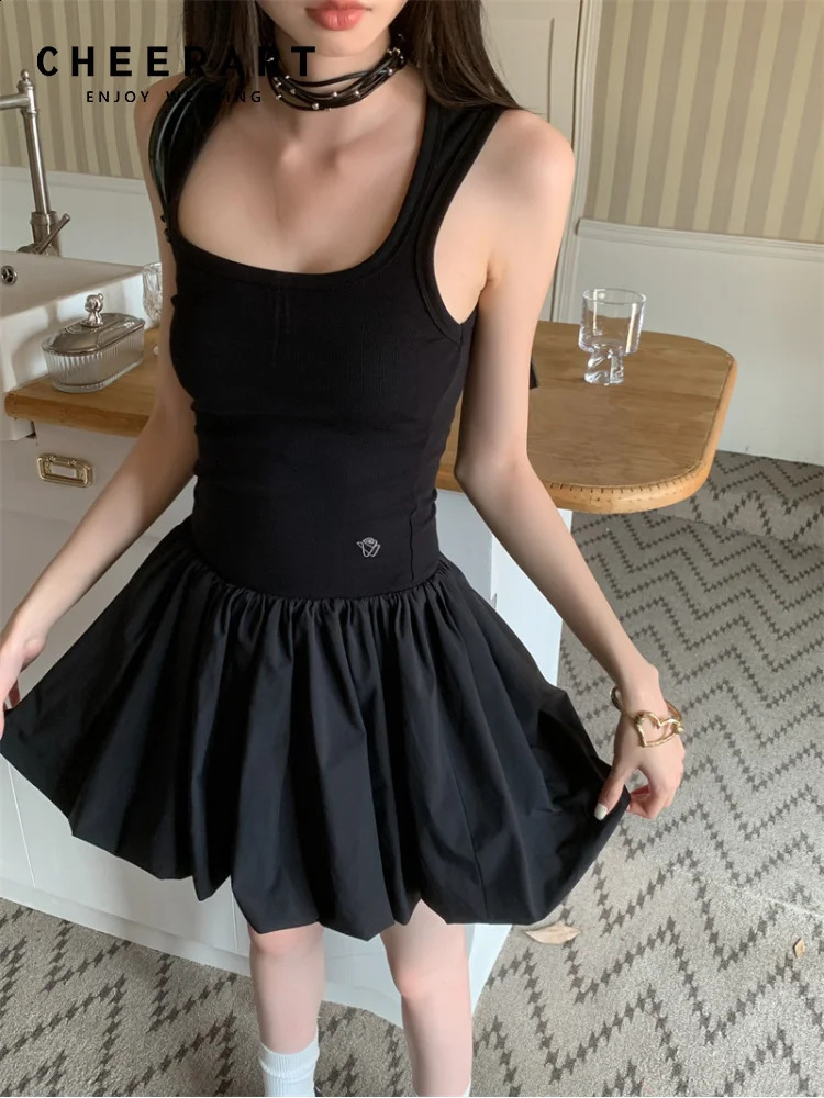 Cheerart Y2K tricoté Petites robes courtes noires pour femmes Patchwork Summer Bodycon Ball Ball Ribbed Mini Robe 240822