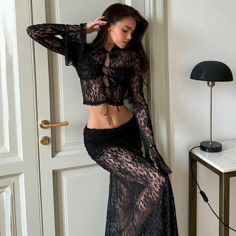 En dentelle transparente en deux pièces pour femmes STRAP Flare Sleeve haute jupe Long Robe d'été Elegant Party Evening 2PS 240822