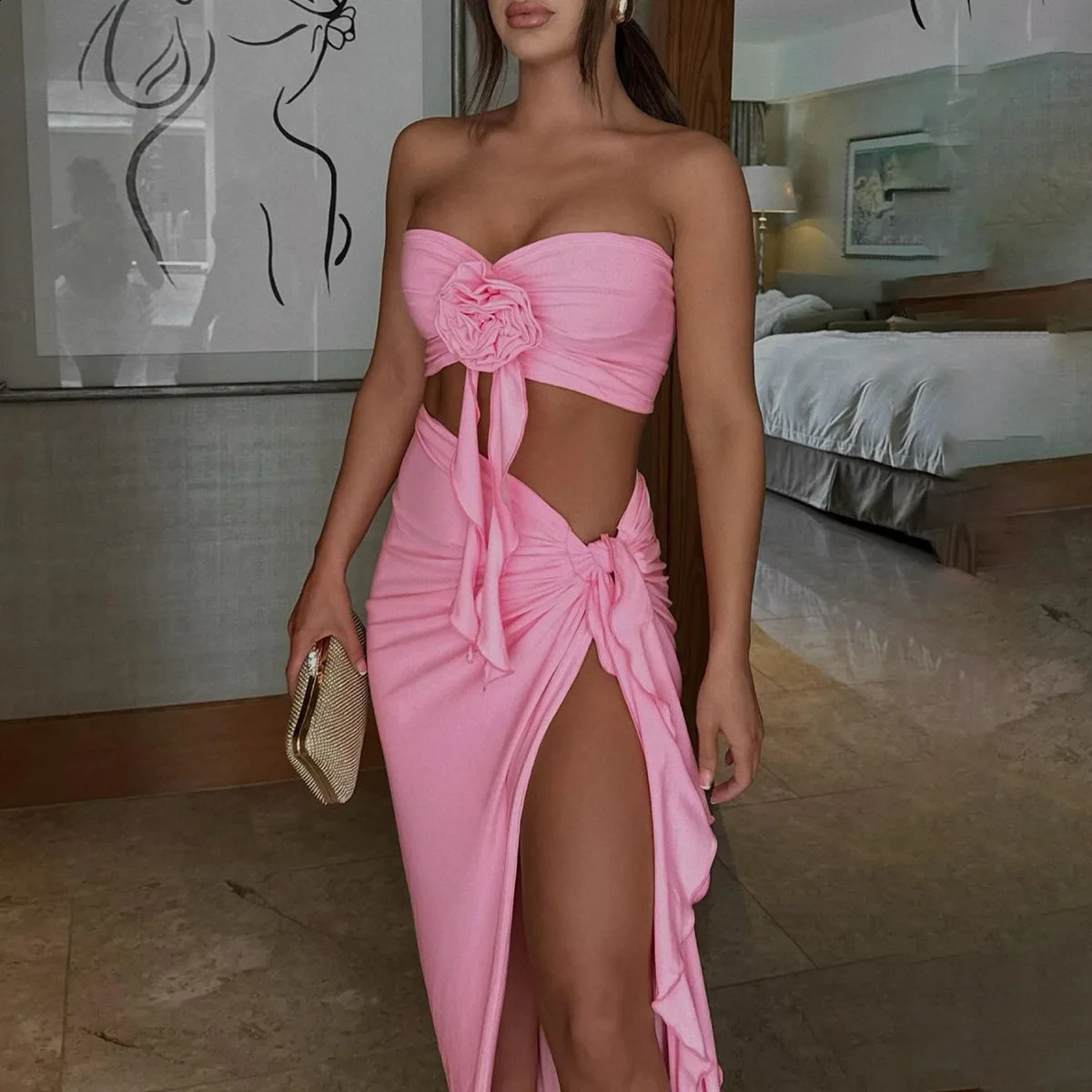 Femmes mode sexy big flower tube char plissé en lacet up slit jupe costume bodycon nightclub tenues de fête d'été set 240822