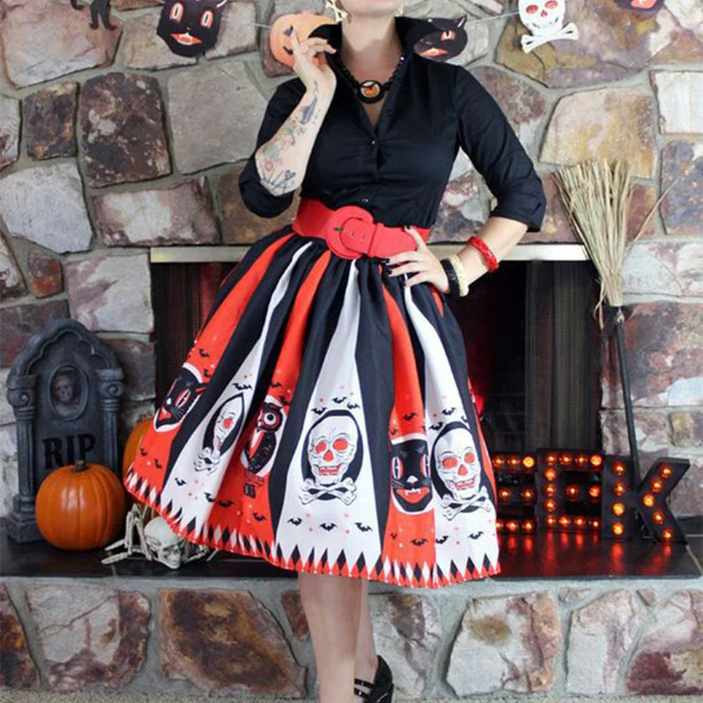 Femmes vintage halloween jupe rétro poker face crâne plus taille taille taille haute robe de bal plissée jupes longues 240823