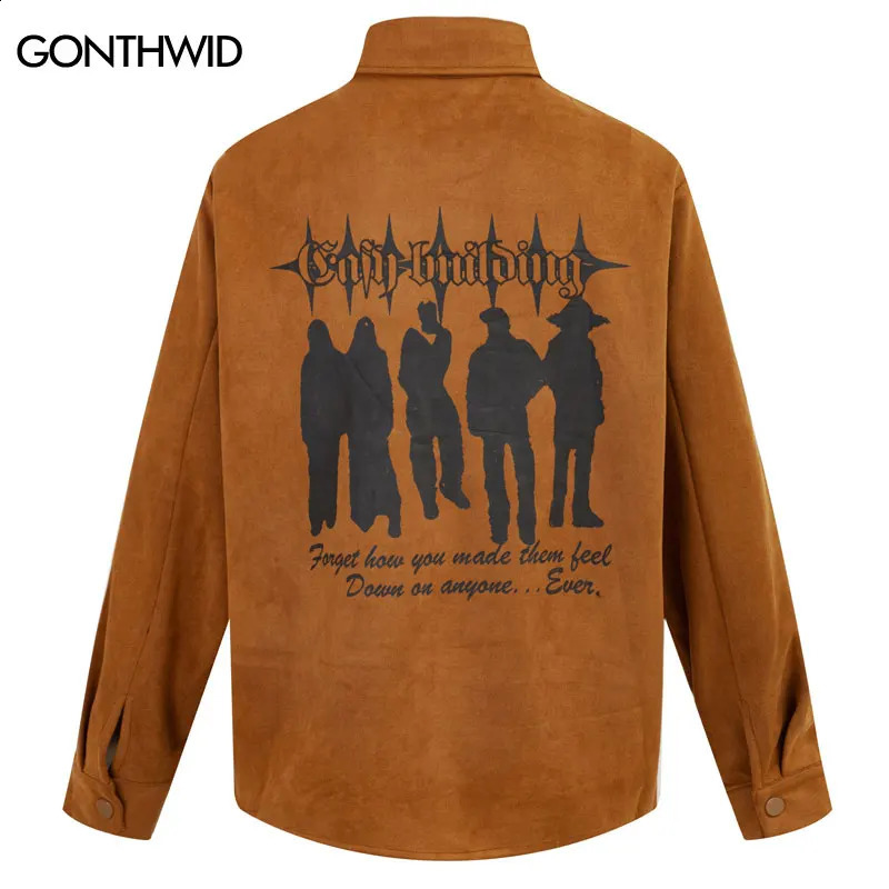 Vintage Suede Shirt Streetwear Retro Graphic Printed Long Sleeve Oversized Shirts Coat Y2K Harajuku Punk Gothic Tops Black Brown 240822