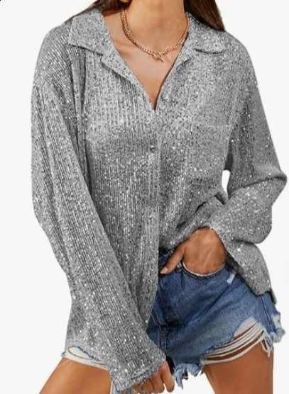Womens fashionable sequined long sleeved lapel casual shirt seduces spring womens solid color elegant top 240822