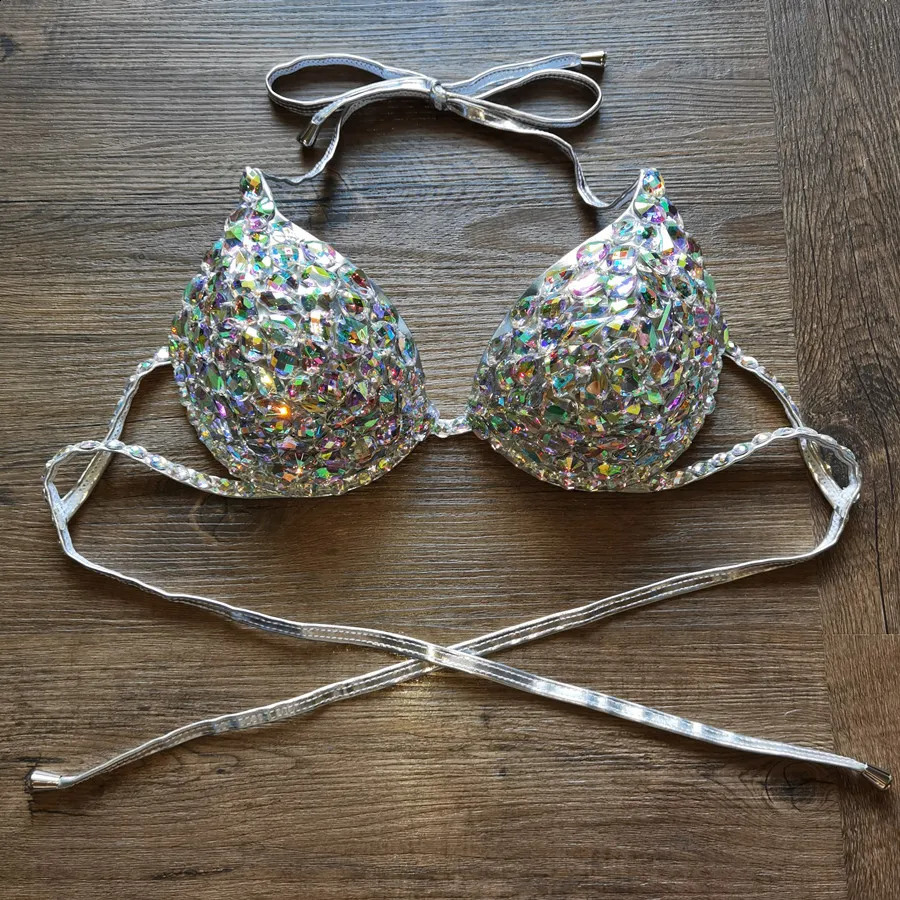 VIKINII mains couture diamant Bikinis hauts femmes Push Up soutien-gorge femme argent Clubwear Sexy cristal miel lune maillots de bain 240822
