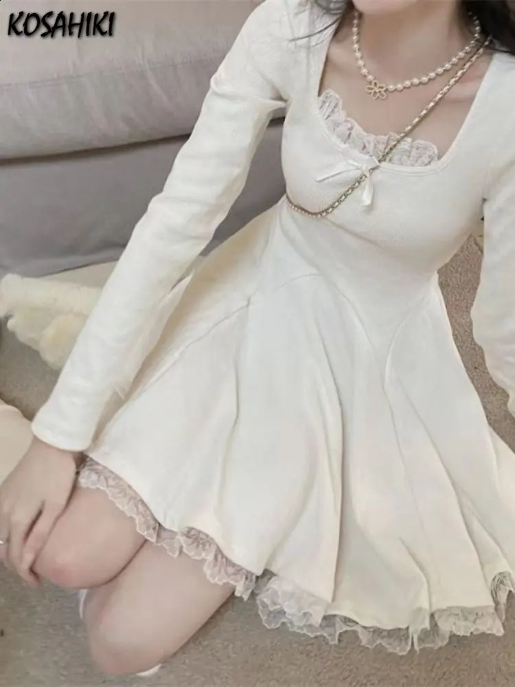 Bow Lace Patchwork Women Dress Solid Korean Fashion Square Collar Style Long Sleeve Y2k Asehitic Elegant Basic 240822