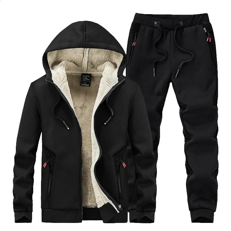 Thick Warm Cashmere Sets Thermal Hoodies Fleece Tracksuit Hooded Windproof mens Sportswear Men Winter 2 pieces hoodies Pants 240823