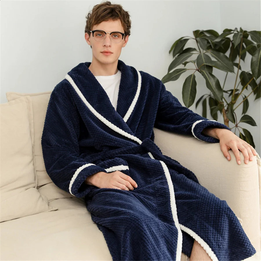 Warm autumn and winter flannel mens bathroom thick long night sleepwear velvet kimono robe mens clothing 240822