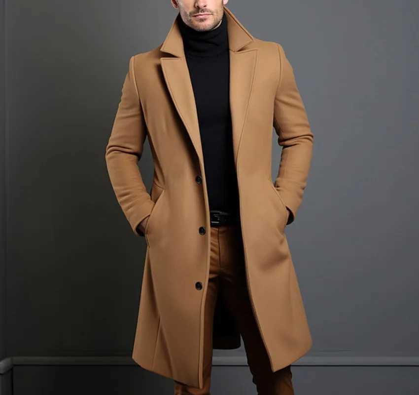 European American New Fashion Mens Turn-down Collar Long Sleeve Solid Color Casual Trendy Basic Wool Coats Male Clothes TopsXJ251204
