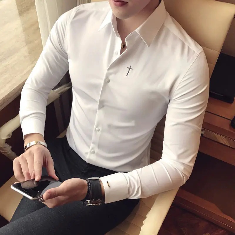 Man Shirt Black Plain Shirts For Men Business Muscle Xxl Korean Clothes Fashion Things With Young On Sale I S 240822