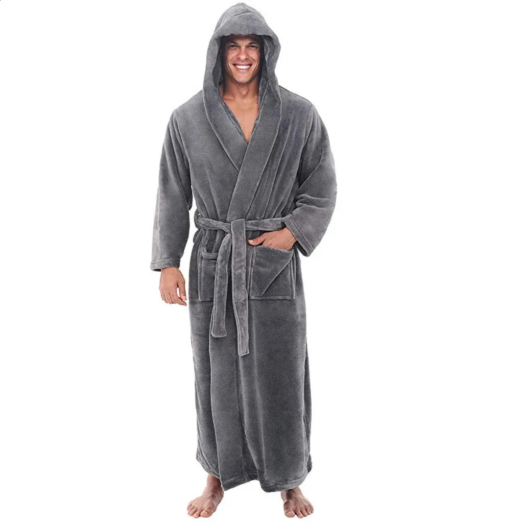Mens hooded winter pajamas thick and warm plush shower yukata simple style solid mens long sleeved bathroom jacket 240822