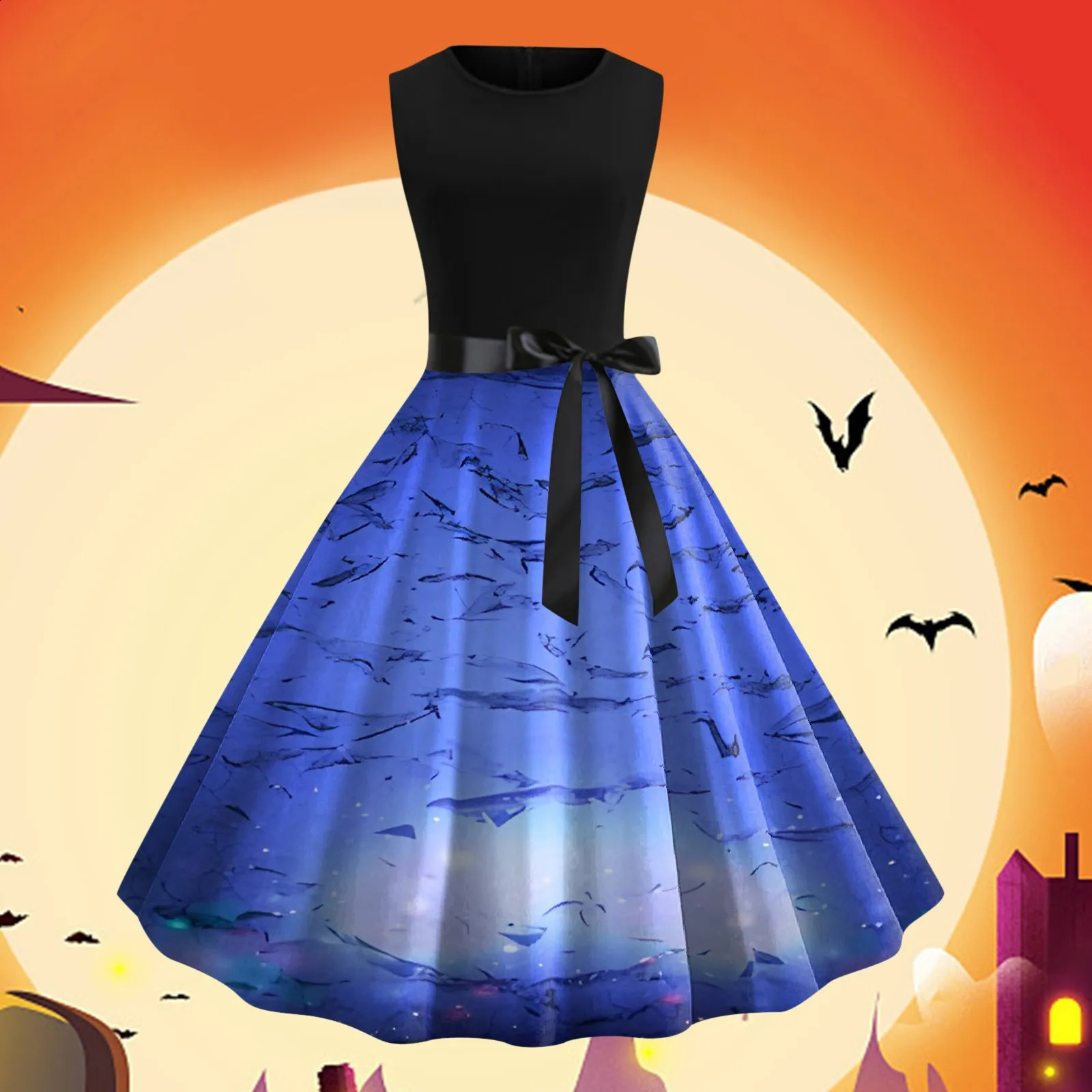 Summer Pleated Women Dress Round Neck Sleeveless Gothic Dark Printed Vintage Swing Sundress Cocktail Prom Party Dresses Vestidos 240823