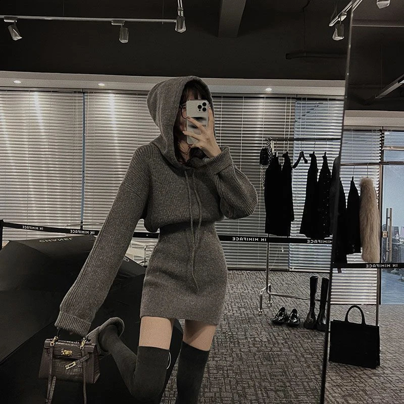 MEXZT Streetwear Knitted Mini Dress Women Hooded Sweater A Line Dresses Winter Korean Solid High Waist Slim Casual Vestidos 240822