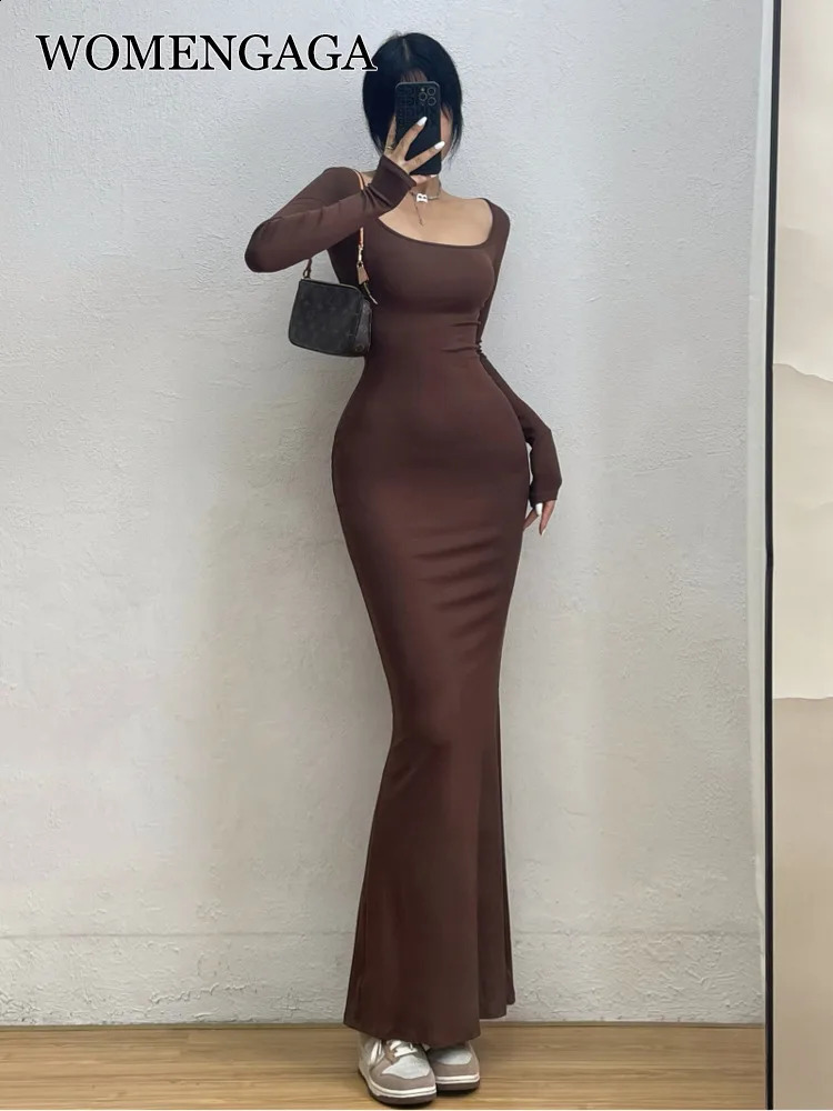 WOMENGAGA Sexy Square Collar Long Sleeve Fishtail Dress Tight Figure Wrap Hip Super Long Dresses Fashion Korean Tops E83H 240822