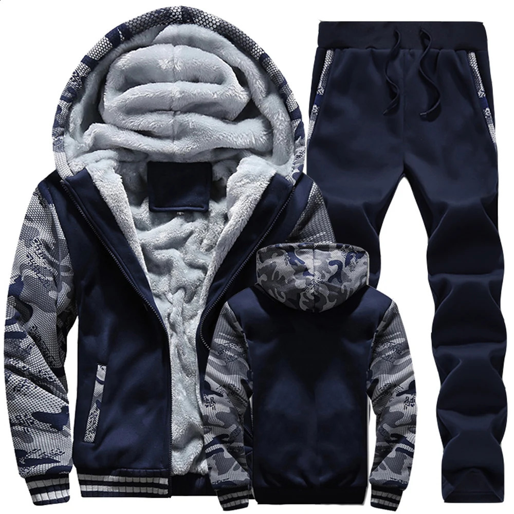 Winter Men Tracksuit Hooded Sportswear Zipper Jacket Fleece Trousers Mens Warm Solid Color Casual Sports Suit 240823