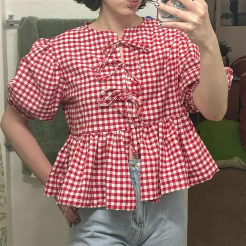 Womens tie front Peplum top summer cute puff short sleeved round neck plain loose shirt spring autumn preparatory top Y2K 240822