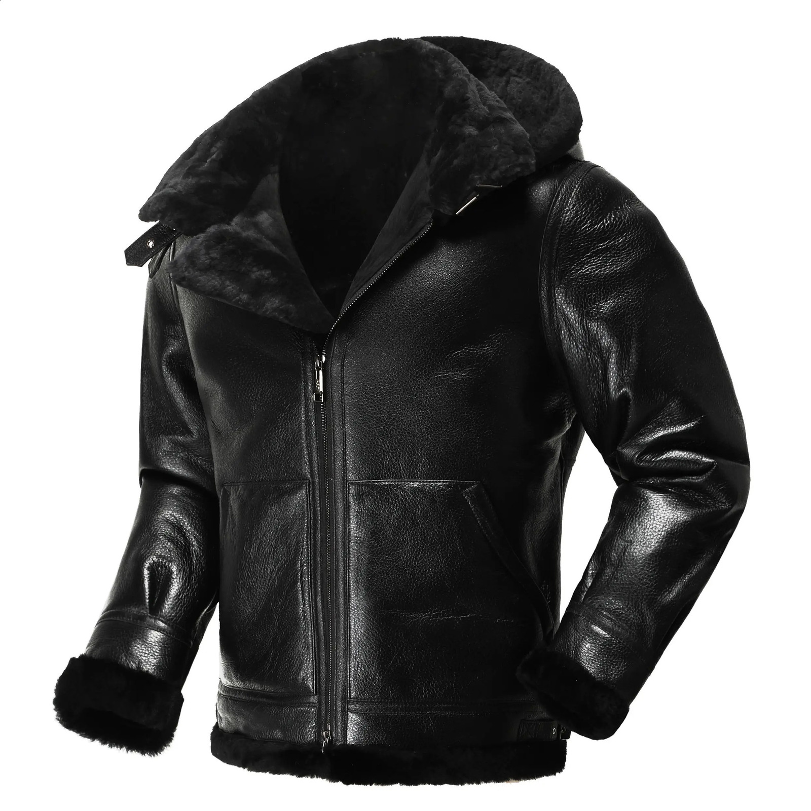 Mens Winter Jacket Real Sheepskin Winter Warm Coat Thickened Wool Coat Eco Fur Leather Coat Black Hood Fashion 240822