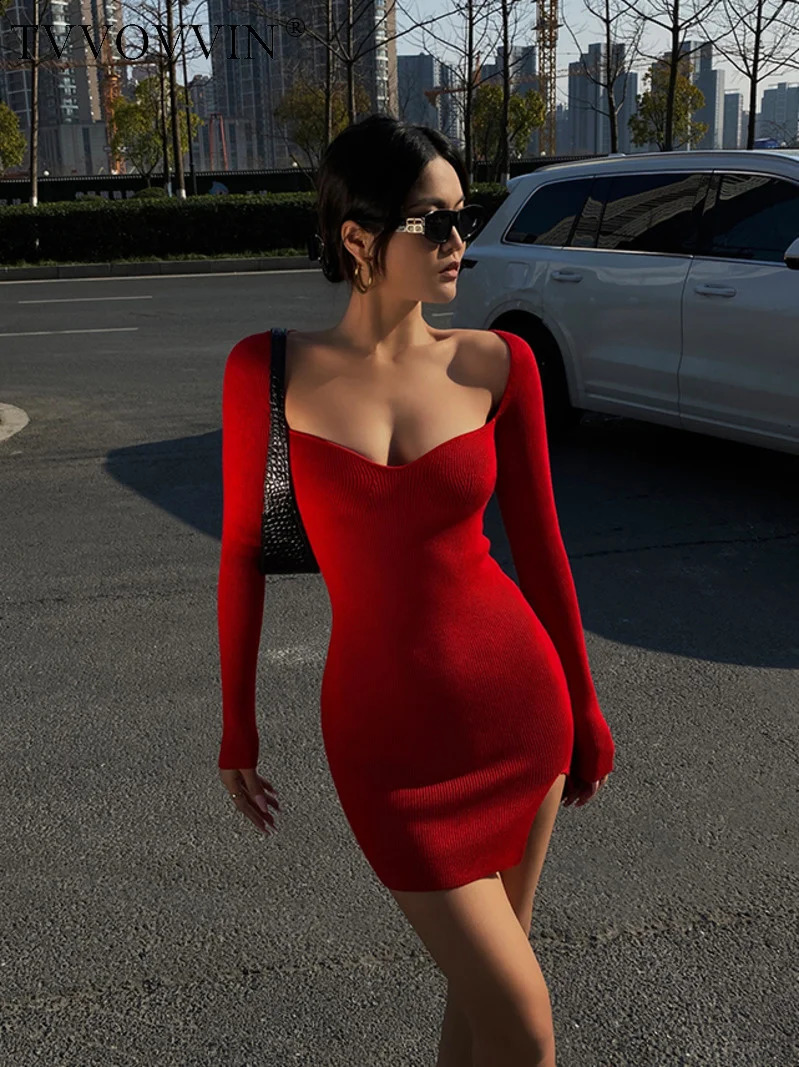 Red Long Sleeved TVVOVVIN Knitted Dress Square Collar Elegant For Women Slim Sexy Summer Fashion Sweet Korean Top UH09 240822