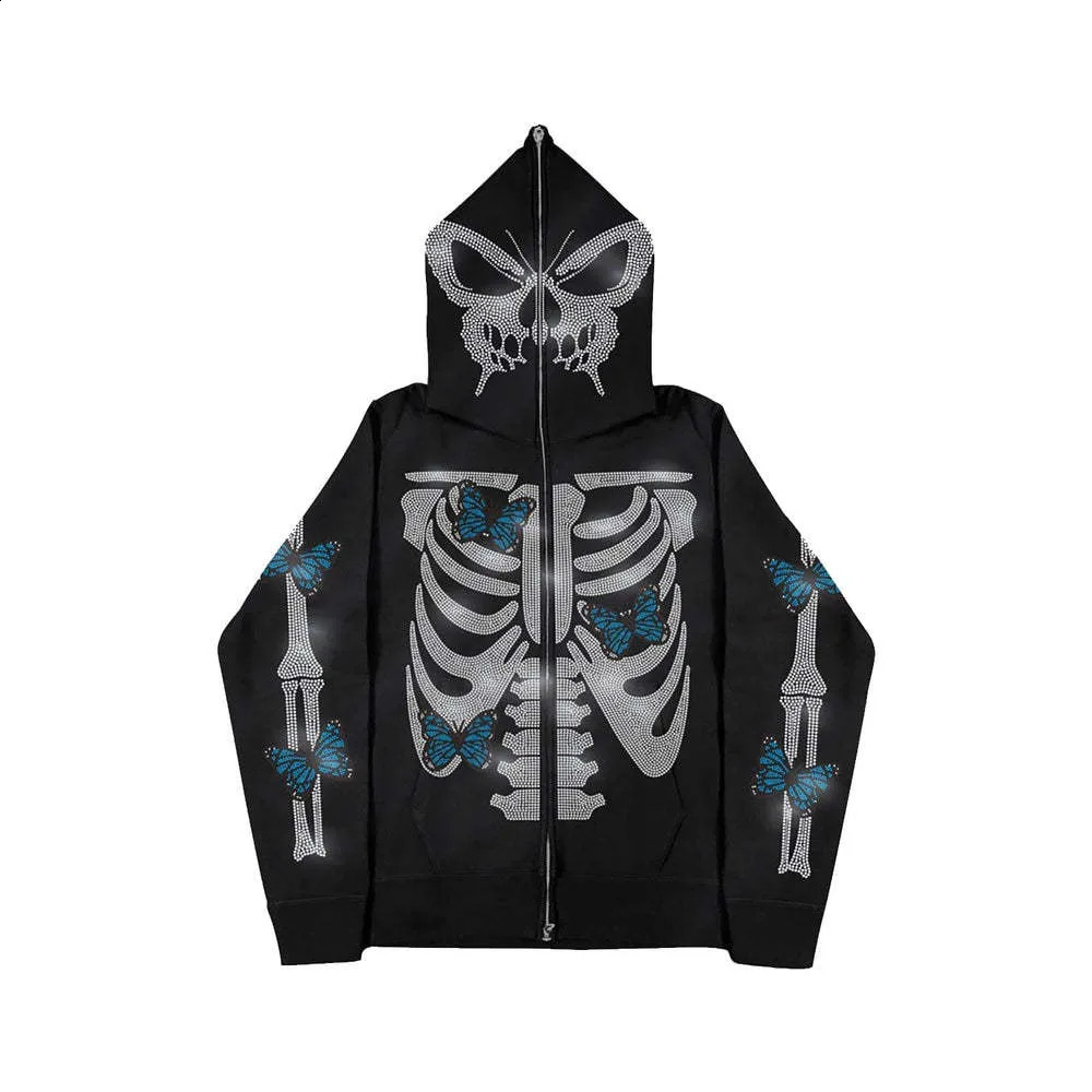 Y2K Mens Hoodie Halloween Skull Clothing Spring and Autumn Gothic rhinestone Sweatshirt Hip Hop Grunge Large Sweater Coat 240823