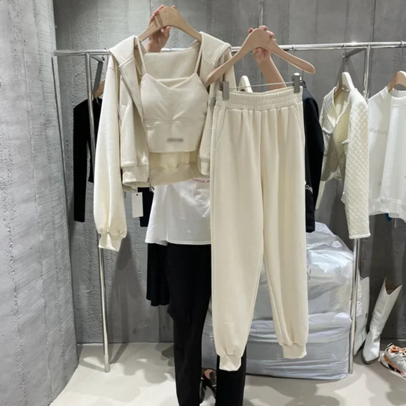 Plus Size Womens Casual Sports Suit Autumn Korean Style Long Sleeve Hooded Jacket Stylish Vest Three-piece Set Free Shi... 240822