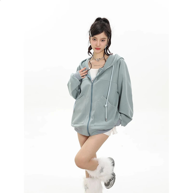 Women Solid Color Hoodies Autumn Winter Loose Hooded Jackets Coat Harajuku Zip Up Cardigan Casual Long Sleeve Sweatshirt 240822
