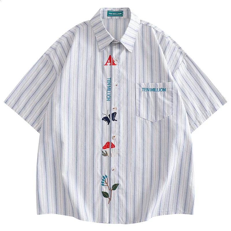 Men Streetwear Harajuku Shirt Retro Fun Embroiderey Striped Shirt Loose Hip Hop Oversize Shirts Summer Couple Short Sleeve 240823
