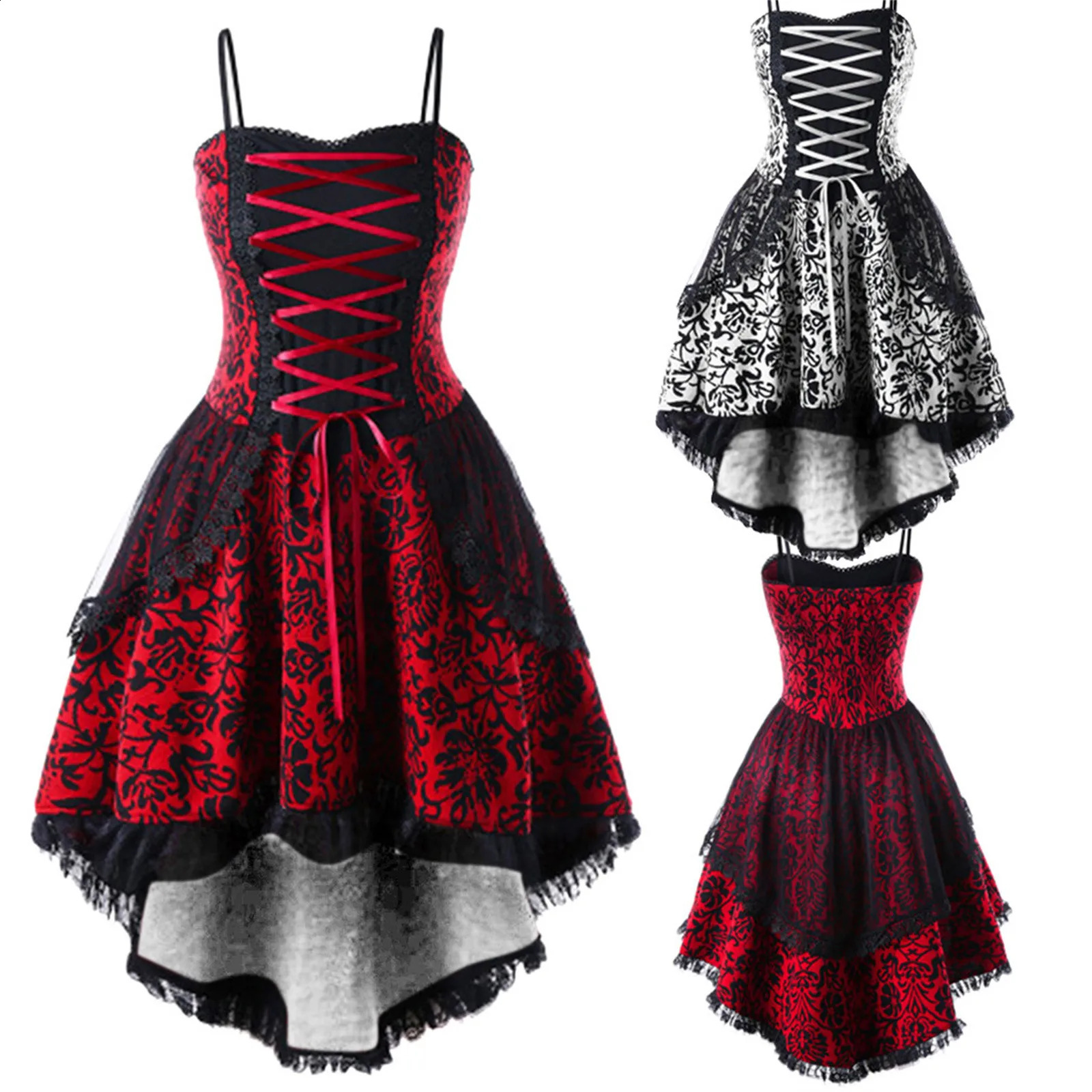 Womens Gothic dress plus size spaghetti strap lace irregular long dress lace decorative tie floral backless A-Line dress 240830