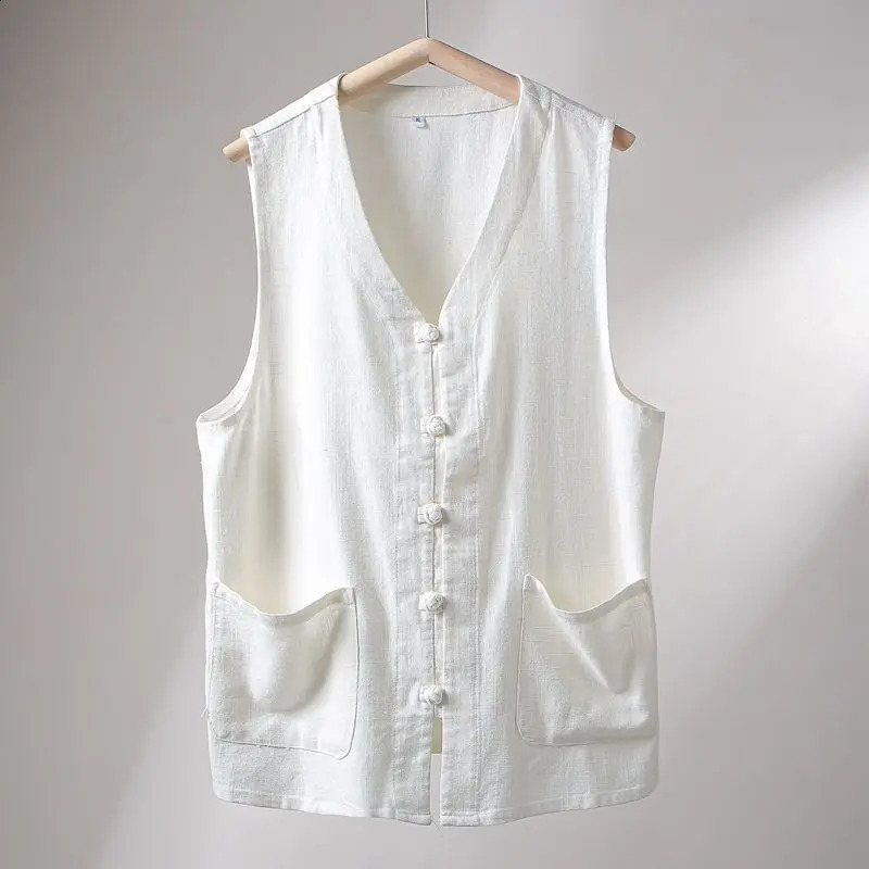 Cotton Linen Breathable Summer Men Chinese Retro Button Neck Loose Vest Jacket Old Man Sweatshirt All Techwear Waistcoat 240822