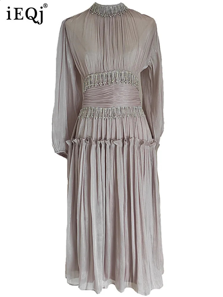 Ieqj Niche français Diamond Splicged Plefes Bright Silk haute taille Robes pour femmes à manches longues Robe maxi 3WQ8194 240822