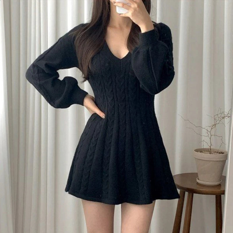 Femme solide mini robe y2k une ligne évasée à manches longues robe en tricot femme basique automne streetwear chic
