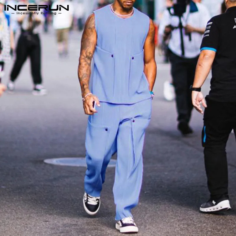 Men Sets Solid Color Streetwear O-neck Sleeveless Tank Tops Pants 2PCS Loose Fashion Mens Casual Suits S-2XL INCERUN 240822