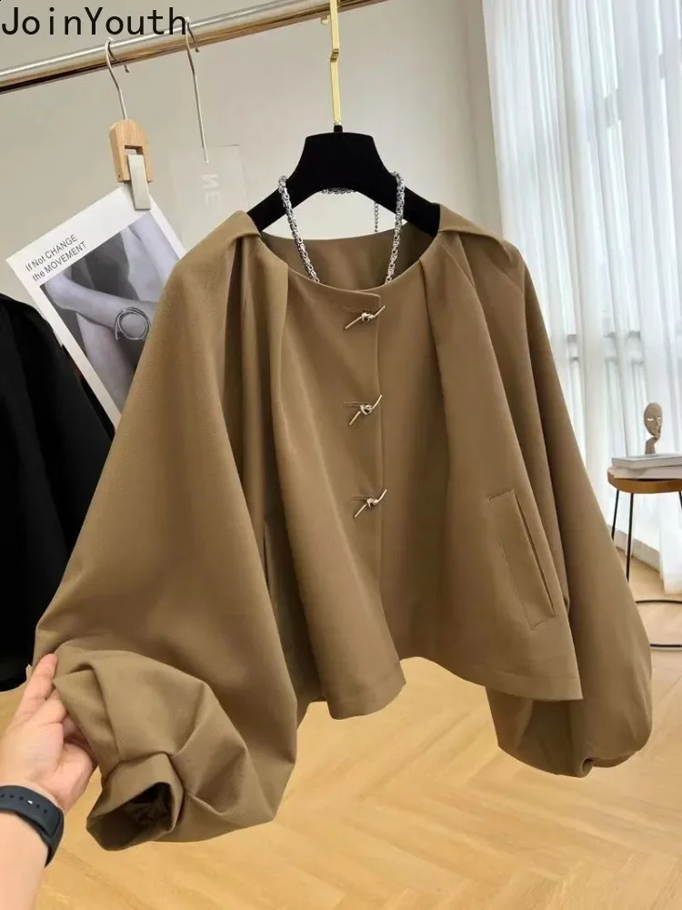 Lantern Sleeve Jackets for Women Loose O-neck Temperament Outwear Crop Tops Ropa Mujer Fashion Vintage Solid Color Coat 240823