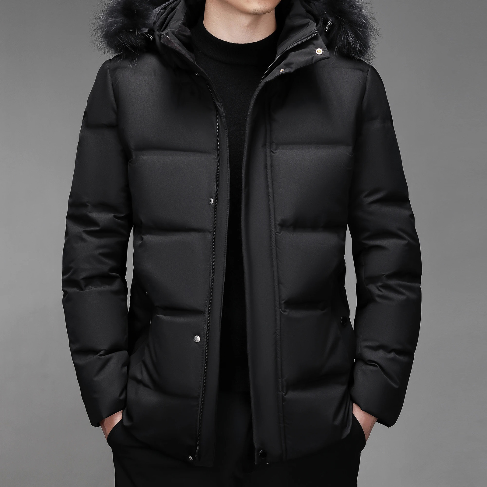 Highend Down Jacket Mens Winter Fashion Classic Wool Collar Hooded White Duck Warm Coat Business Middleaged Short Parka 240823