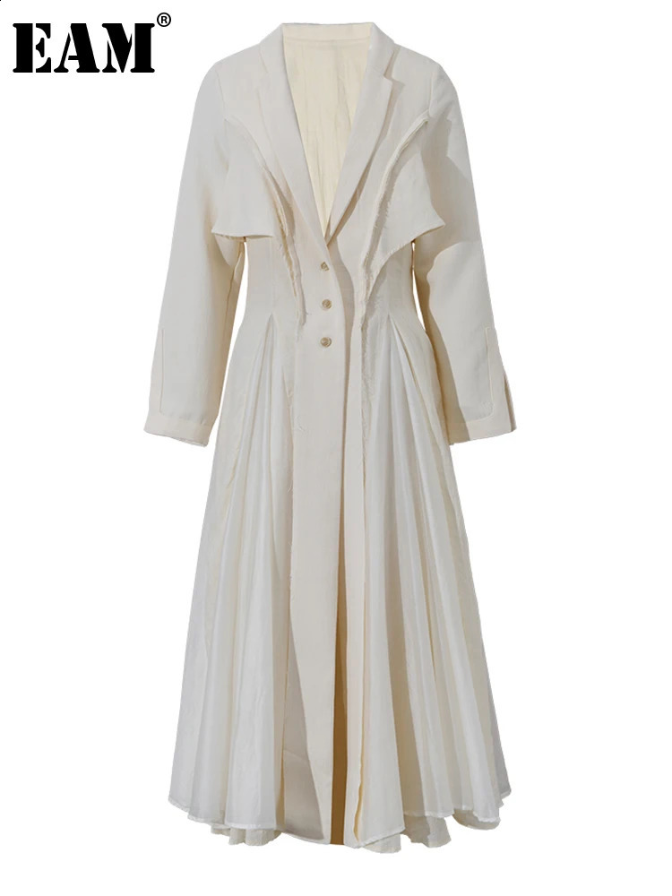 Eam Femmes beige plissée lin long élégant robe revers cou mande longue manche en vrac fût printemps automne 3W6617 240822