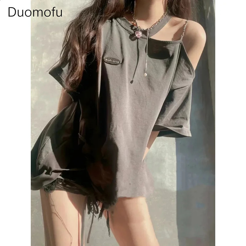 Duomofu Korean Streetwear Y2k T-shirts Women Harajuku Fashion Off Shoulder Irregular Short Sleeve Top Oversize Drawstring Tee 240823