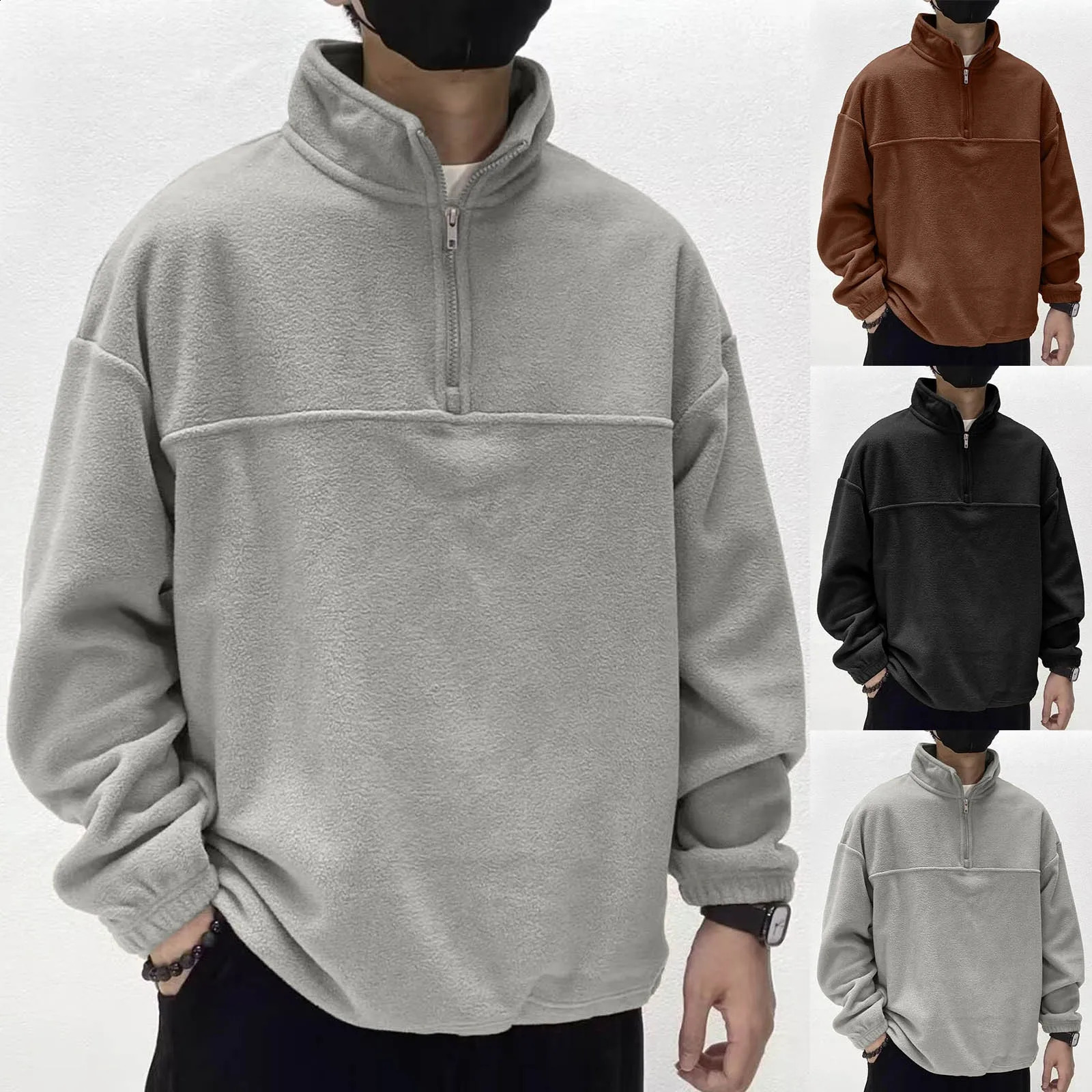 MenS Fleece Hoodies Solid Color Stand Neck Half Zip Long Sleeve Pullovers Autumn Fashion Comfy Warm Coat Winter Bottoming Cloth 240822