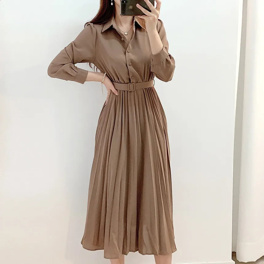 Femmes Robe de chemise maxi des femmes à manches longues avec des robes plissées de ceinture chic de base de base de base