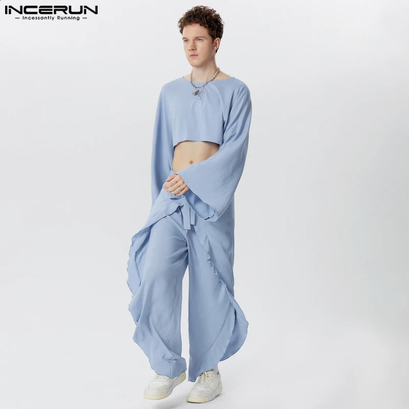 INCERUN Men Sets Solid Color O-neck Long Sleeve Crop Tops Irregular Pants 2PCS Streetwear Fashion Men Casual Suits S-5XL 240822