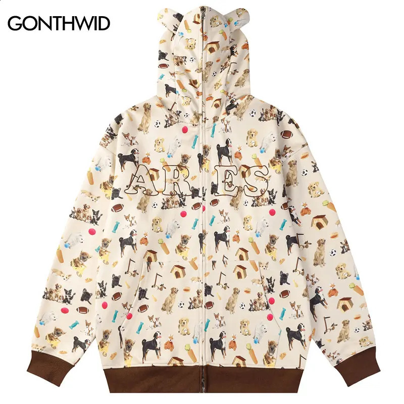 Harajuku Hoodie Jacket with Ears Funny Dog Graphic Printed Full Zip Up Hooded Sweatshirt Coat Hip Hop Baggy Streetwear Hoodies 240822