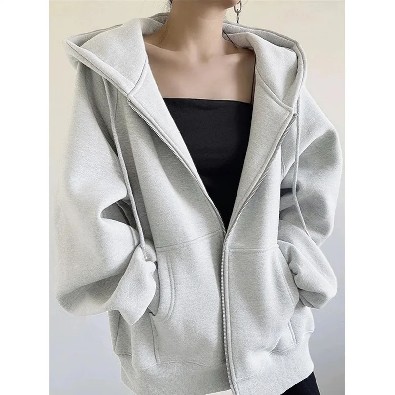 Autumn Winter Thickened Solid Zip Up Hoodie Sweatshirt for Women Korean Fashion Warm Loose Hoodies Women Coat Y2k Clothes 240822