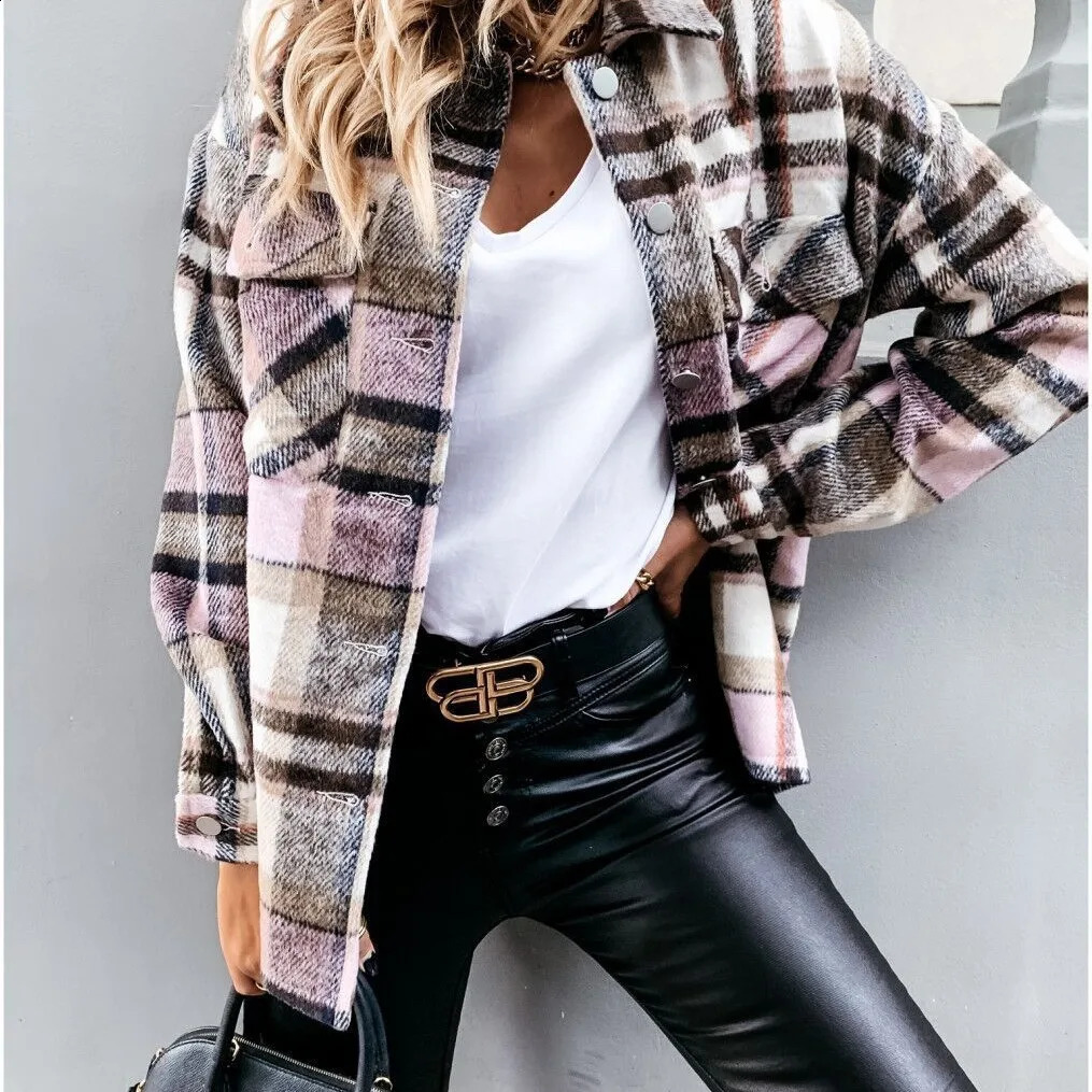 Autumn and winter cross-border European and American womens wool sweater womens long sleeved checkered jacket 240822