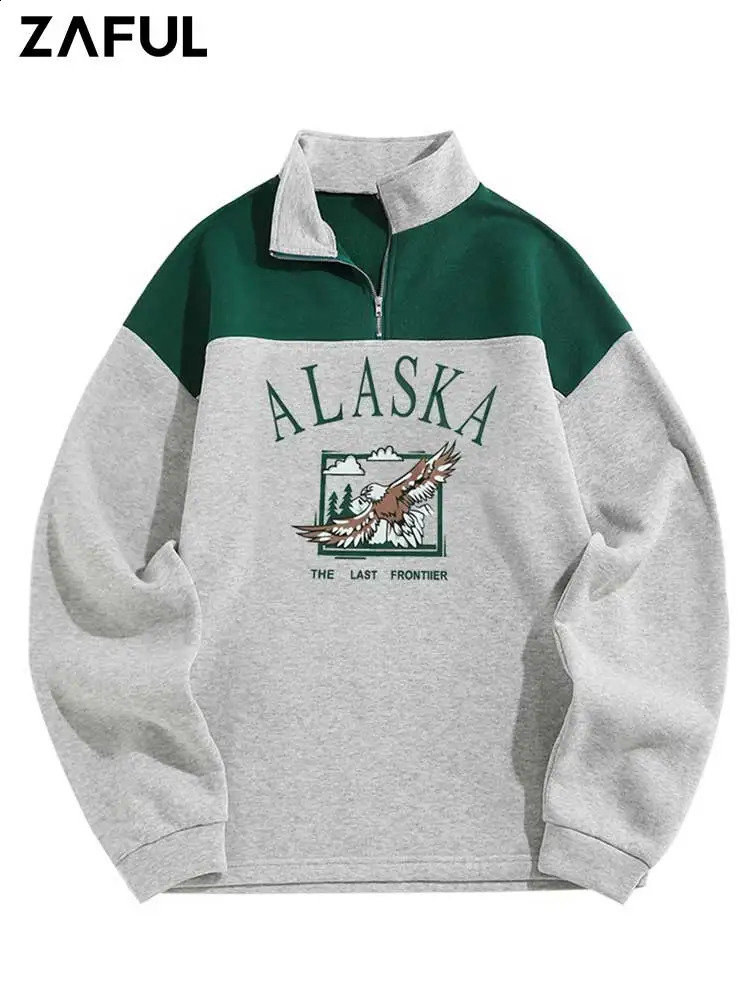 Mens Turtleneck Fleece Sweatshirt ALASKA Graphic Eagle Printed Colorblock Hoodie Unisex Streetwear Pullover Z4949900 240822