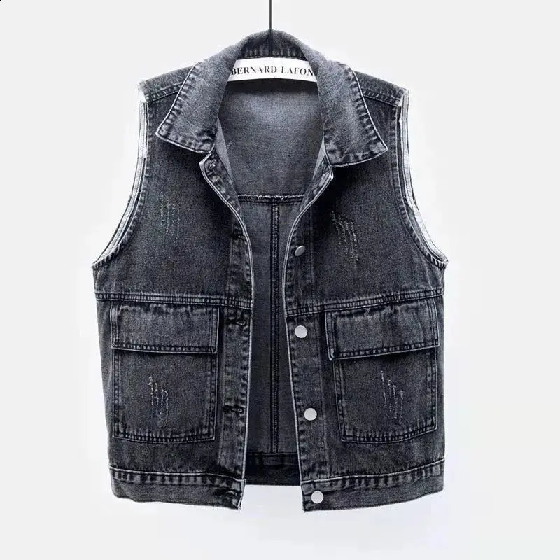 Denim Frayed Vintage Sleeveless Loose Single Breasted Womens Vest Jacket Coats Korean Fashion Short Coat For Women Spring 240822