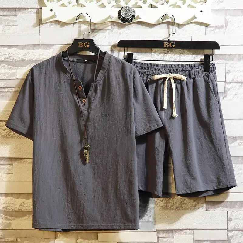 Shorts pour hommes ensembles de travail de travail sportif costumes en coton lin t-shirt mâle court sets non dans la tendance de l'homme de la mo