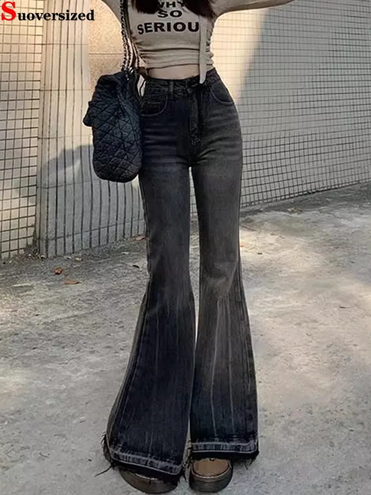 Burr Edge Vintage Flare Jeans High Waist Korea Casual Skinny Denim Pants Women Streetwear Strecth Boot Cut vaqueros 240823