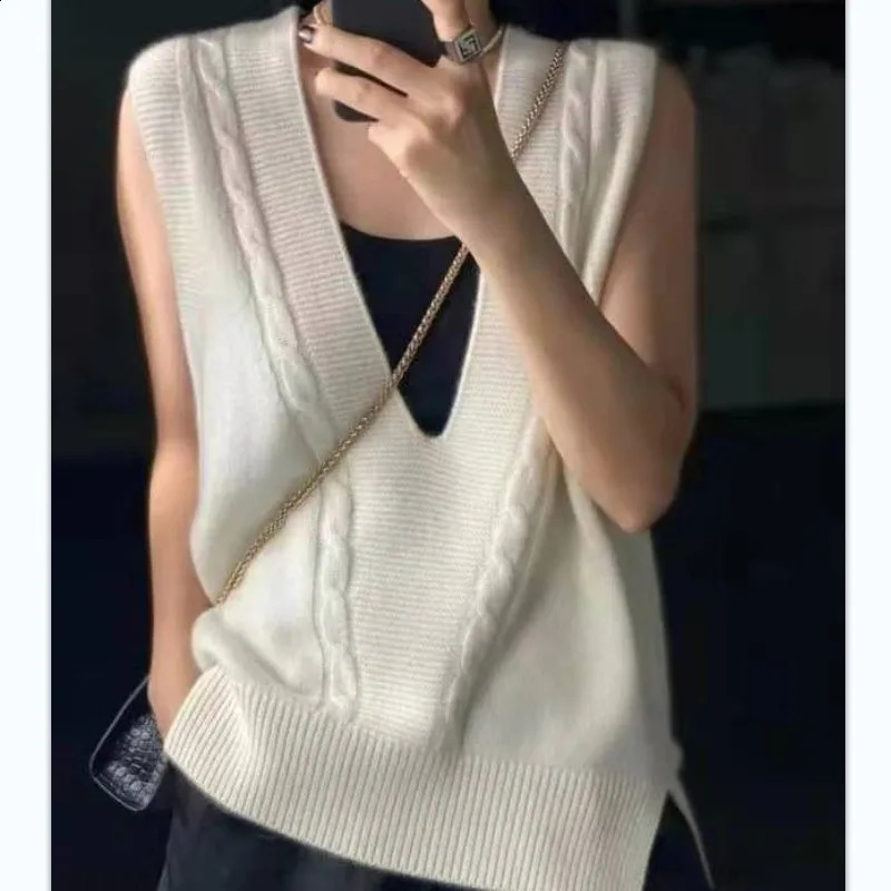 LDZWSM Autumn Winter Cashmere Vest Sleeveless V-neck Loose Casual All-match Knitted Tunics Women Clothing Sweater Tops 240822