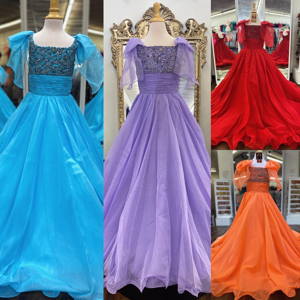 Robe de concours de beauté orange pour préadolescente, avec nœuds et perles de cristal, longue, pour anniversaire d'enfant, robe de soirée cockta