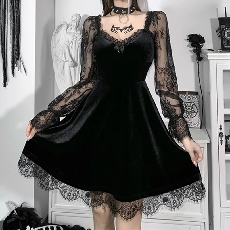 Gothic Lolita Girls Lace Decorative Velvet A-Line Robe Womens Sexy Perspective Long Manche V-Neck Ultra Thin Mini Robe Robe Rôle de jeu Costume 2