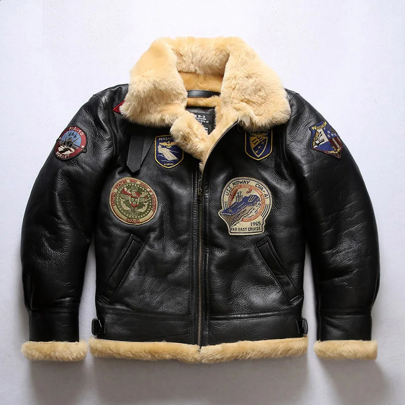 Winter B3 Pilot Bomber Shearing Wool Thicken Black Embroidery Casual Mens 2mm Genuine Leather Jackets Fur Sheepskin Coat 240822