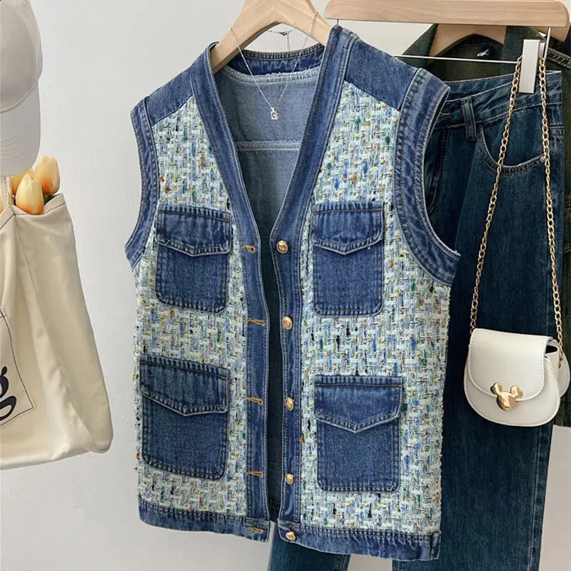 Xiaoxiangfeng Denim Vest Womens V-neck Sleeveless Trendy Spring Autumn Casual Fashion Pocket Button Cardigan Tops 240822
